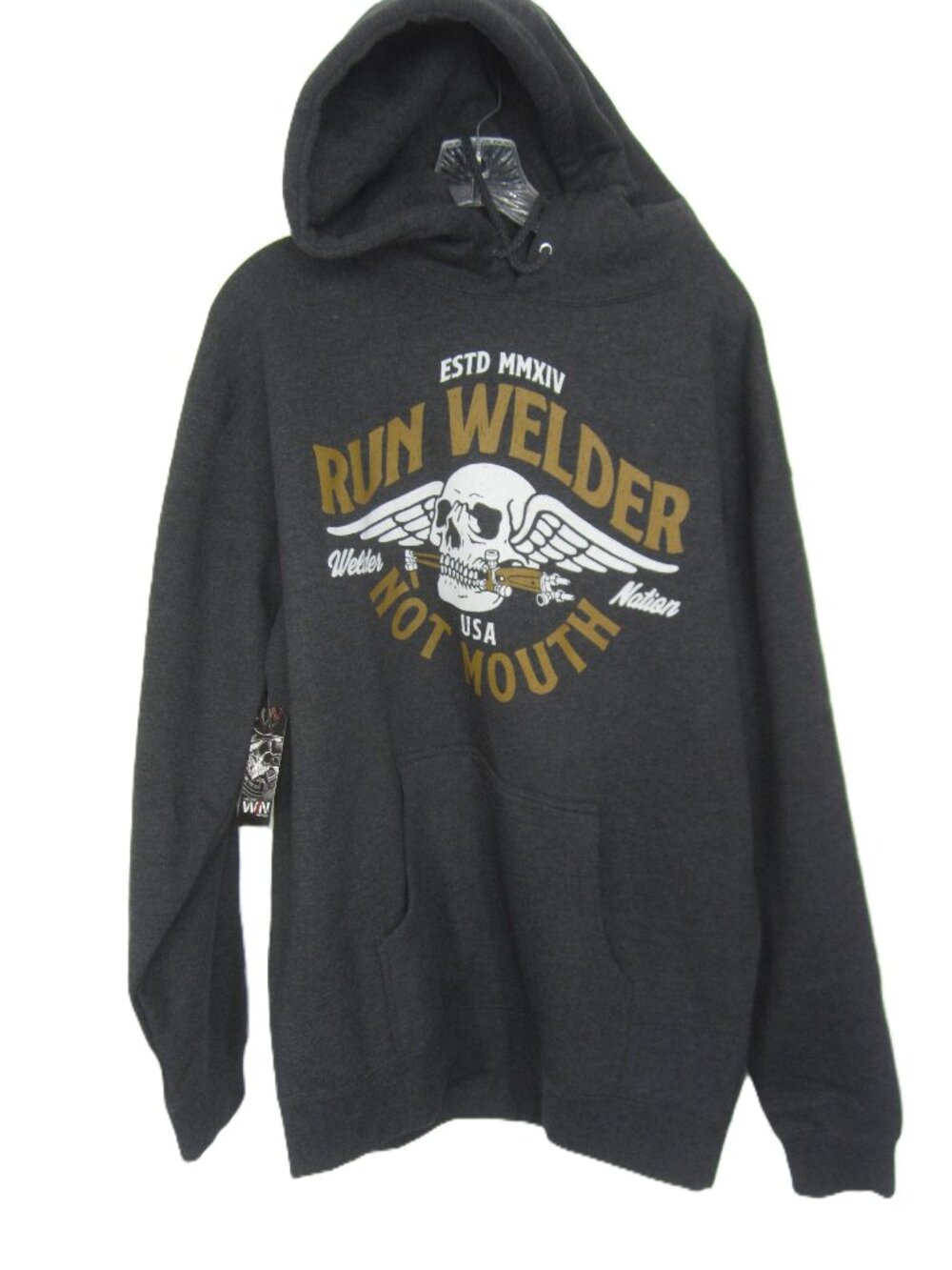 Welder Nation Mens L NEW Gray Hoodie Sweatshirt Run Welder Not Mouth Skull Wings
